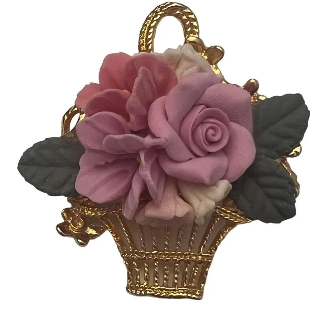 Vintage 60s-70s Pink Purple Flower Filigree Basket Brooch Pin Gold Tone
